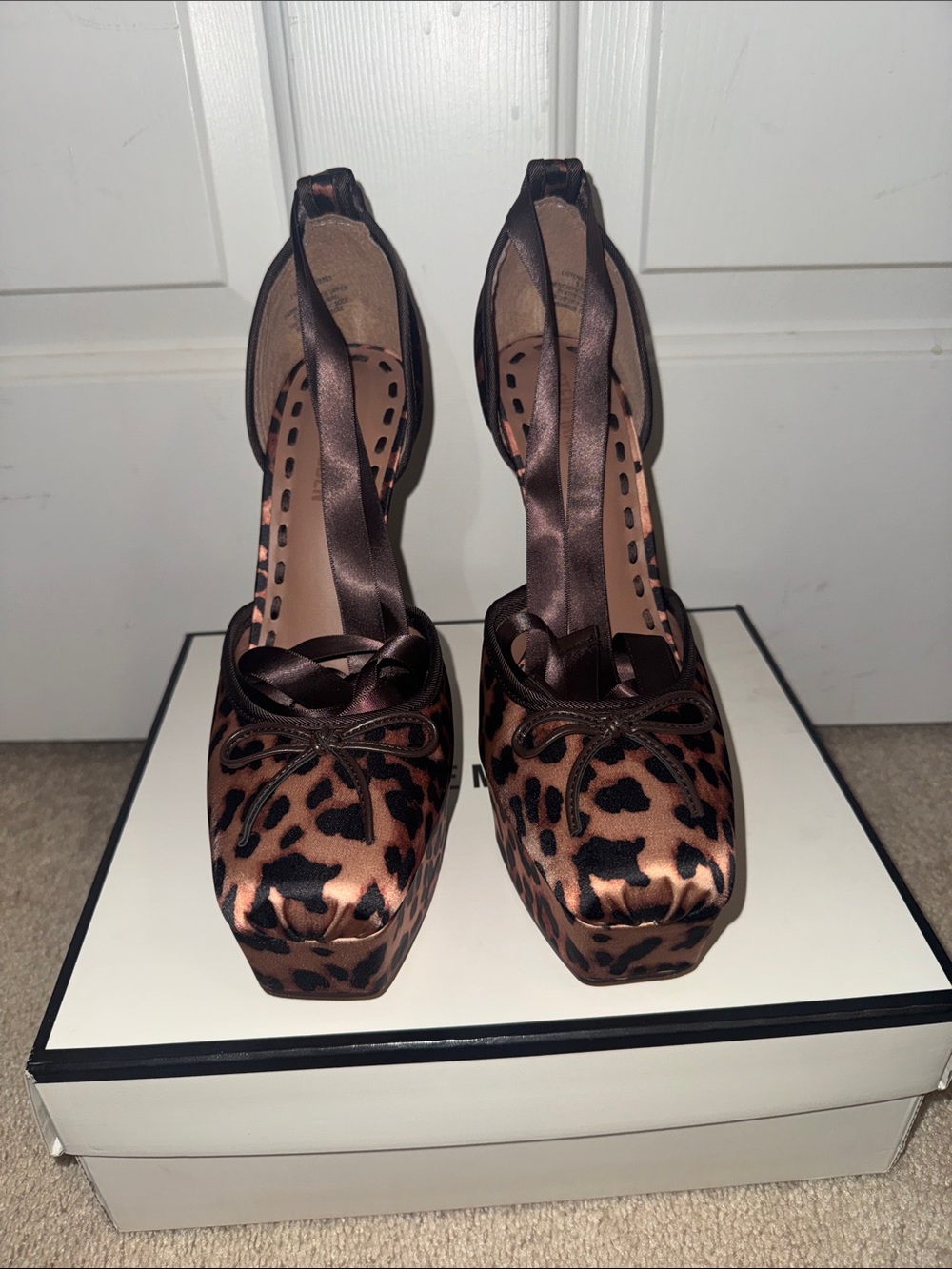 Steve Madden Leopard Satin Platform Pumps with Ankle Ties